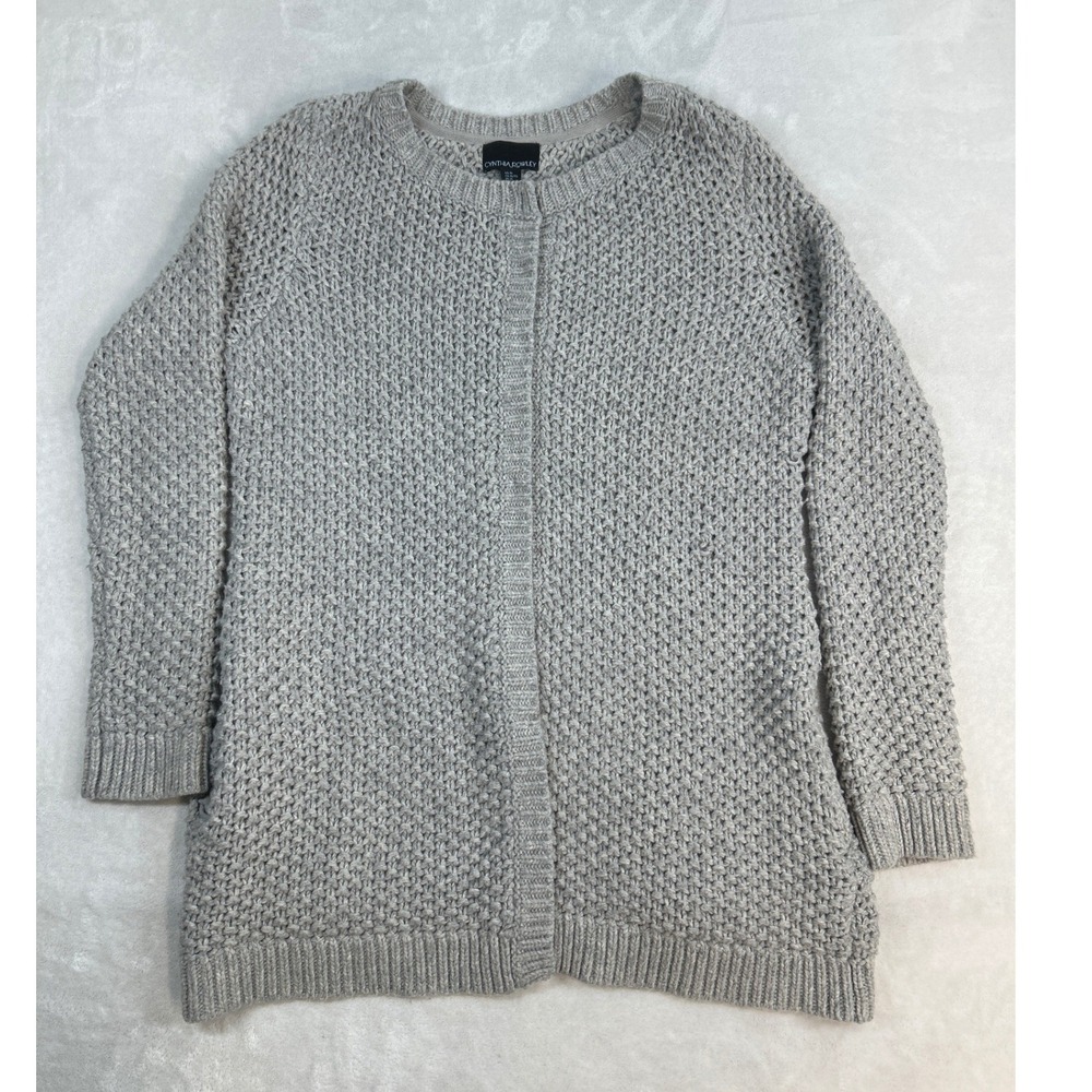 Cynthia Rowley Cardigan Sweater XL Grey Lambswool Cashmere Chunky Knit Pockets